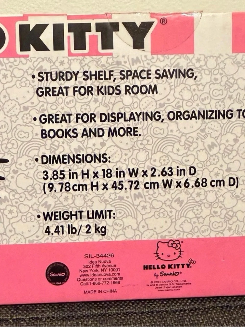 Sanrio Hello Kitty Pink 3-Hook Hanging Wall Shelf New In Box